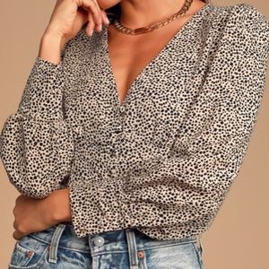 NWT Lulus Sweet Spot Taupe Cheetah Print Long Sleeve Button-Up Top